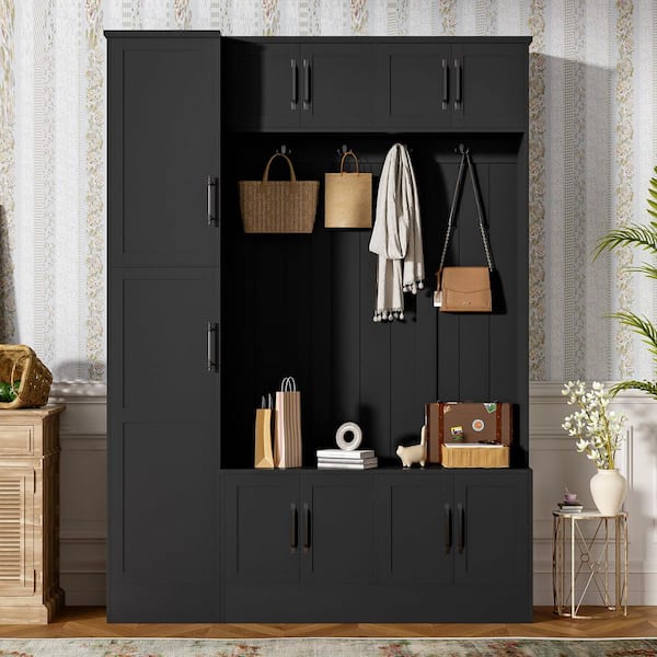 Black 79" Tall Modern 4-in-1 Entryway Hall Tree with 4 Hooks, Storage Bench, Cabinets, Adjustable Shelf