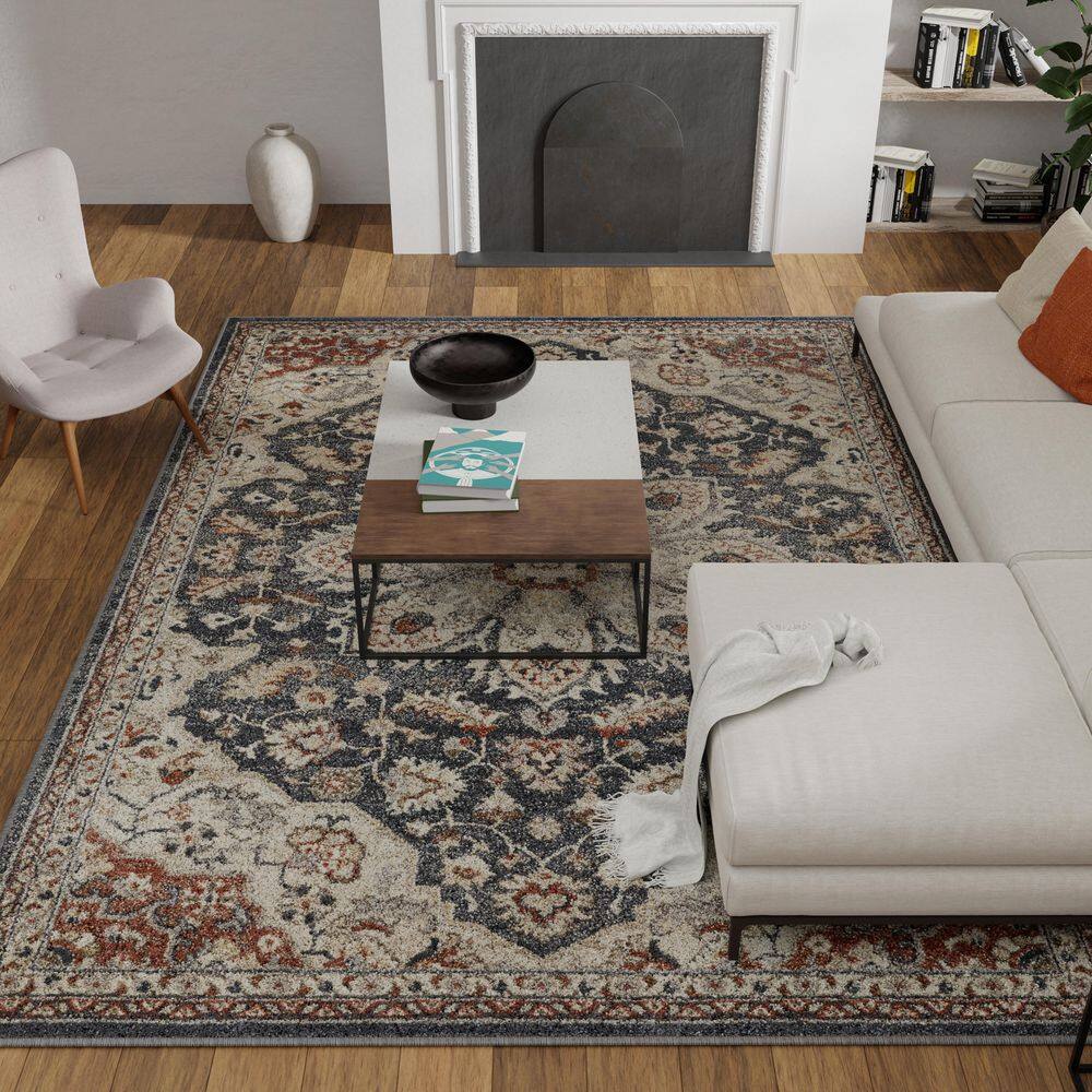Blue and Beige 4' x 6' Oriental Synthetic Area Rug