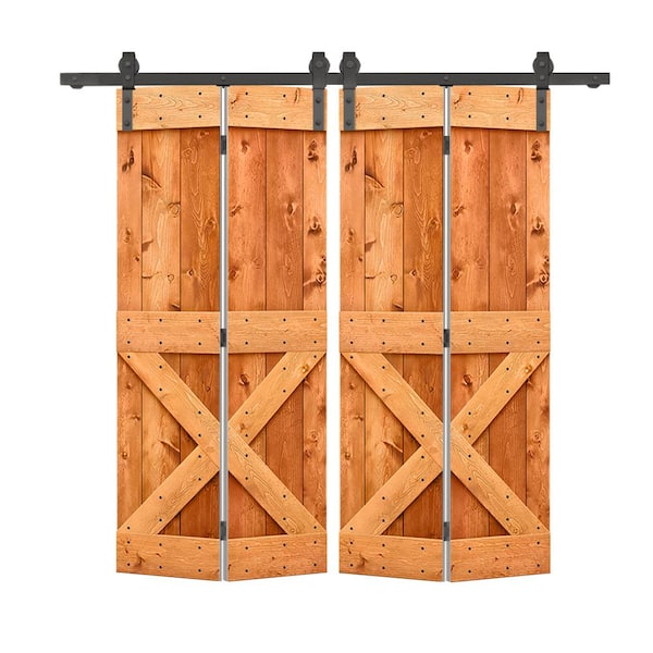72 in. x 80 in. Mini X Series Solid Core Red Walnut Assembly Required Wood Double Bi-Fold Doors w/ Sliding Hardware Kit