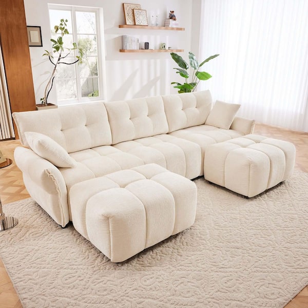 FAKCH 110 in. Modular U-Shaped Chenille 5-Seater Sectional Sofa with Ottoman, Deep Seat, Tufted Back in Creamy Beige