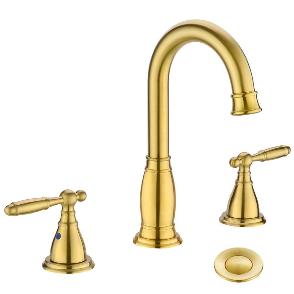 8 in. 2-Handle 3-Hole Widespread Bathroom Faucet in Brushed Gold with Metal Pop-Up Drain -  Phiestina, HDWF017-4-BG