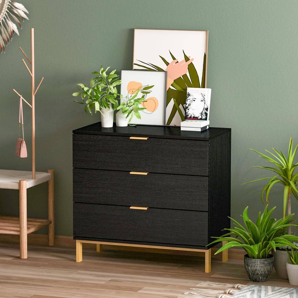 Black MDF Coastal 3-Drawer Chest with Gold Accents