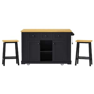 Oasis Black Wood 53 in. Kitchen Island with 2 Bar Stools, Power Outlet, Door Internal Storage Rack, Kitchen Storage Cart