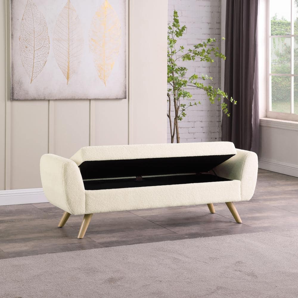 Cream Faux Shearling Storage Bench with Wood Legs