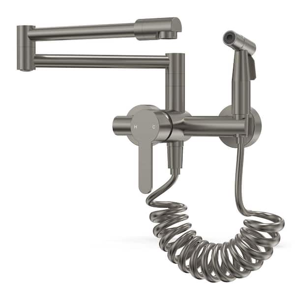 16.5 in. 1-Handle Dual function Wall Mounted Pot Filler Kitchen Faucet with Flexible Handheld Spray in Brushed Nickel
