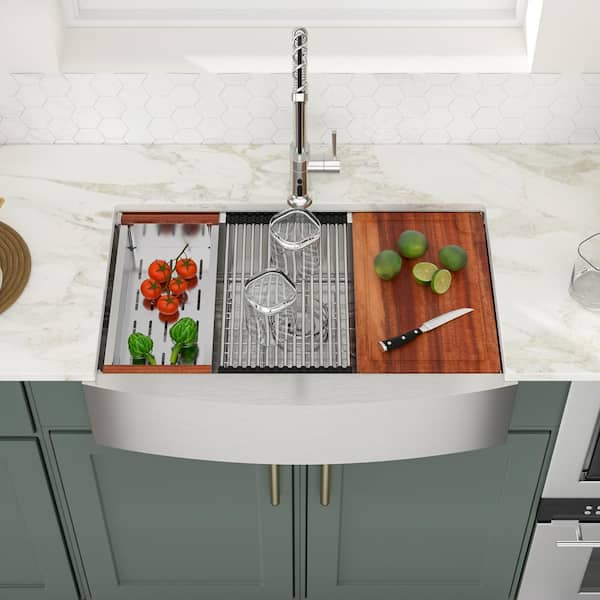 36 in. Farmhouse Apron-Front Single Bowl 16-Gauge Stainless Steel Workstation Kitchen Sink with Accessories