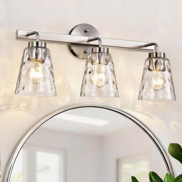 22 in. 3-Light Brushed Nickel Modern Bathroom Vanity Light Fixture with Hammered Clear Glass Shades
