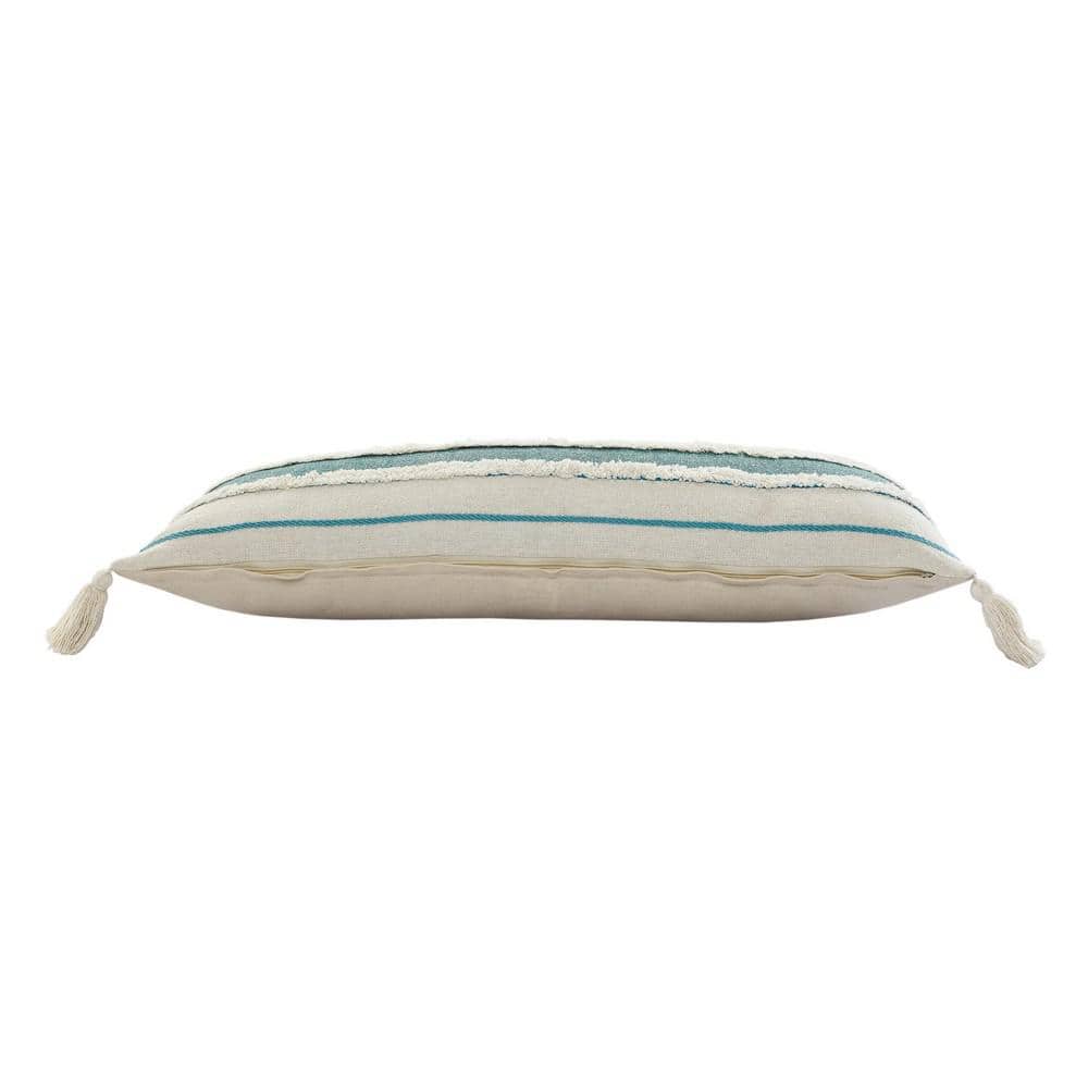 Aqua and White Bohemian Quarry Striped Lumbar Pillow, 14" x 36"