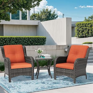 3-Piece Wicker Patio Outdoor Lounge Chair Set with Orange Cushions and Side Table