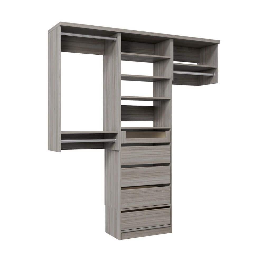 106.5 in. W Grey Oak Reach-in Floor-Mount 3-Rod 5-Reveal-Drawers 5-Shelf Wood Closet System