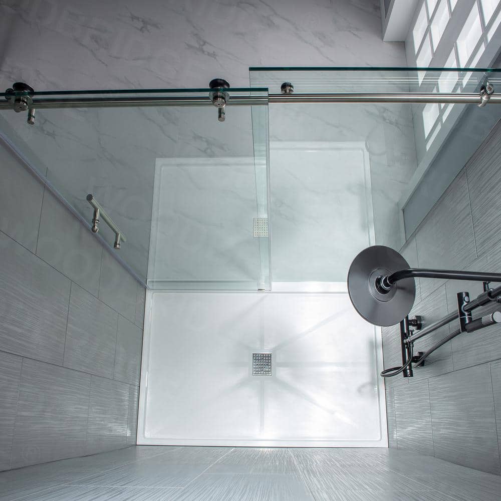 76” H Frameless Sliding Shower Door (56-60 Inch Adjustable Width) with Reversible Installation, Safety Glass, Anti-Splash Design