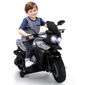 12-Volt Ride On Motorcycle Electric Dirt Bike for Kids with Training Wheels/Music Player/Headlights Silver