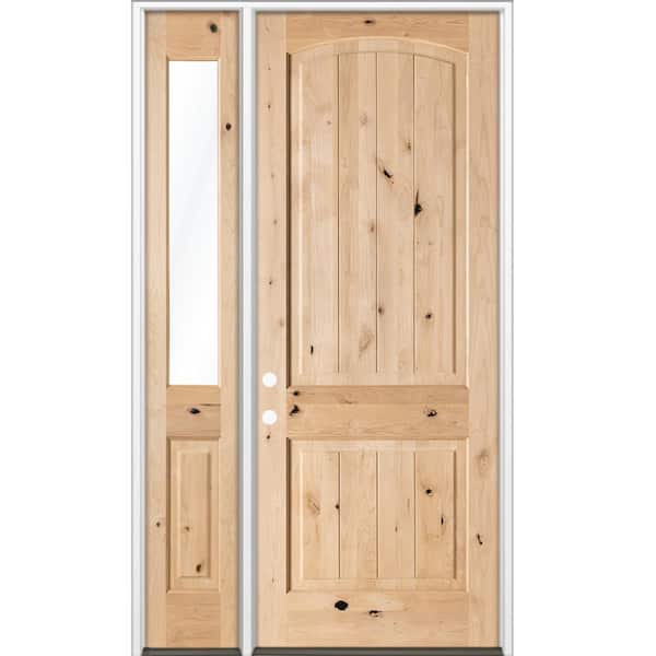 46 in. x 96 in. Knotty Alder Arch Top Right-Hand/Inswing Clear Glass Unfinished Wood Prehung Front Door w/ LHSL
