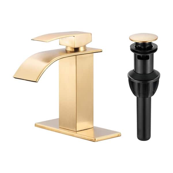 Arc Waterfall Single Handle Single Hole Bathroom Faucet with Drain Kit Included in Brushed Gold