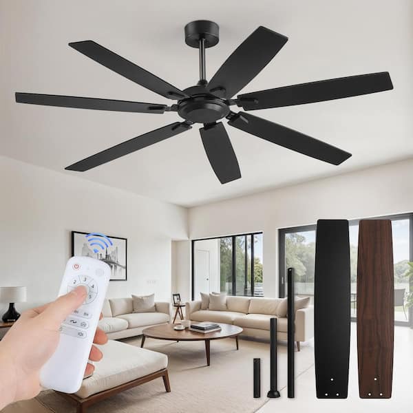 62 Inch Black Modern Ceiling Fan with Remote, Large Farmhouse Indoor & Outdoor with 7 Dual Finish Blades, Quiet DC Motor