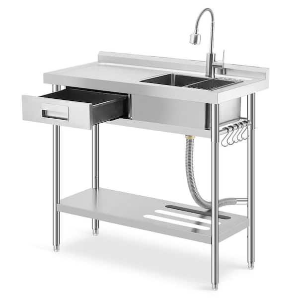 Freestanding Laundry/Utility Sink, Stainless Steel Single Bowl w/ Drawer Storage, Cold Hot Water Pipe, Adjustable Shelf