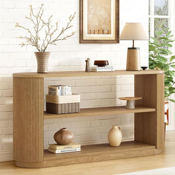 Harper & Bright Designs 58.9 in. Natural Oval Modern Entryway Wood Console Table with Open Shelf and Elegant Wood Grain