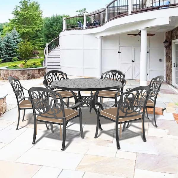 Willit Elizabeth Black 7-Piece Cast Aluminum Outdoor Dining Set with Round Table, Dining Chairs and Random Color Seat Cushion