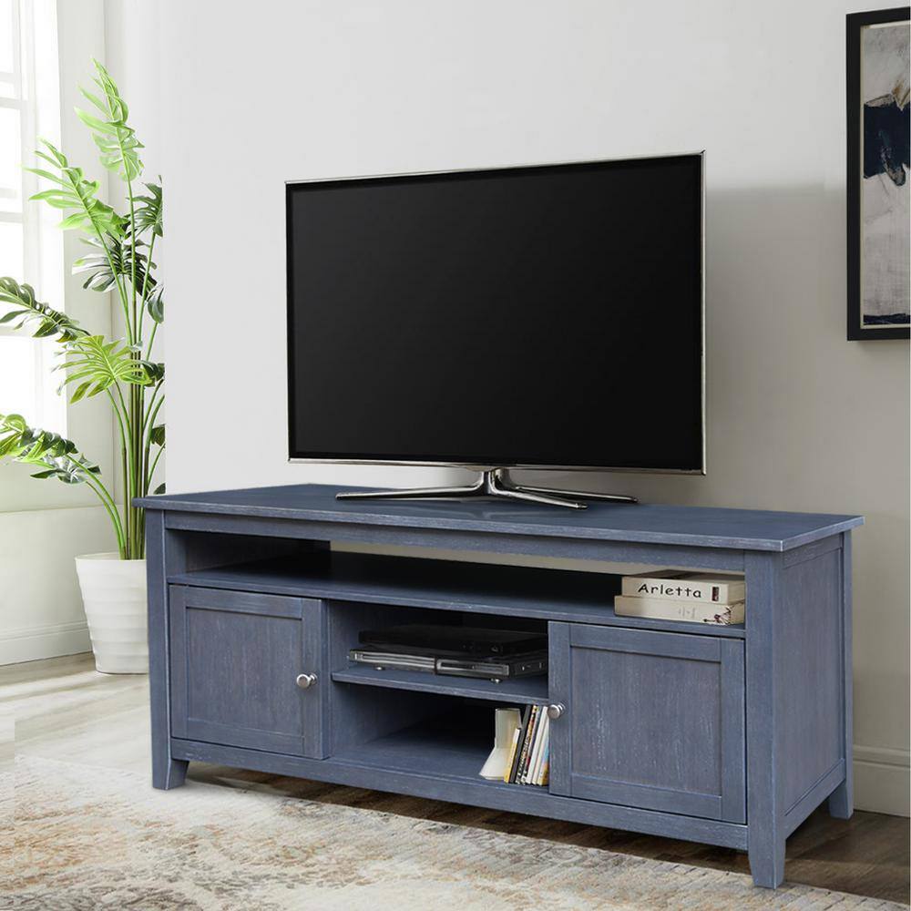 Elegant Heather Gray Solid Wood TV Stand with Cabinet and Open Shelves