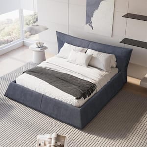High End Gray Wood Frame King Size Velvet Upholstered Platform Bed with Special Shaped Headboard, Solid Wood Slats