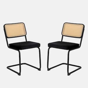 Black Velvet Rattan Side Accent Chairs Set of 2 with Black Painted Legs