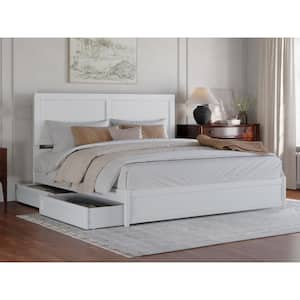 Clayton White Solid Wood Frame King Platform Bed with Panel Footboard and Storage Drawers