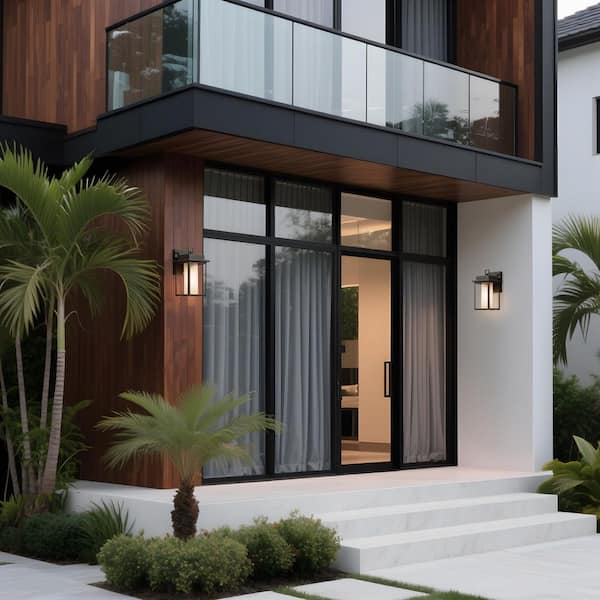 Modern Black Outdoor Light Fixtures, 1-Light Textured Square Outdoor Wall Lantern Sconce with Frosted Glass Shade