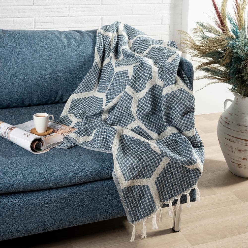 Blue and Cream Organic Cotton Reversible Throw Blanket