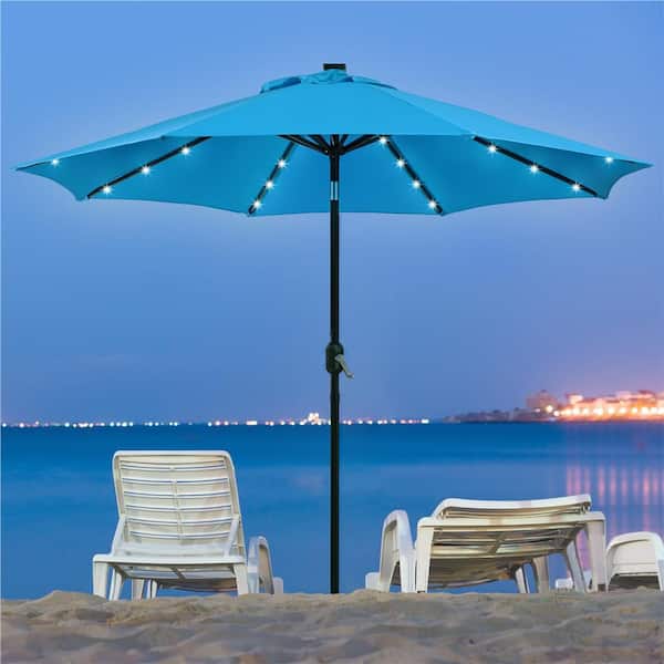 9 ft. Solar Powered Patio Umbrella UV Protection Market Table Umbrella with Push Button Tilt and Crank