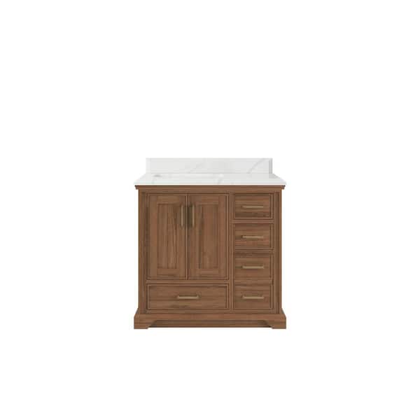 Willow Collections Charlotte 36 in. W x 22 in. D x 36 in. H Left Offset Sink Bath Vanity in Dark Natural with 1.5" Calacatta Laza Qt. Top