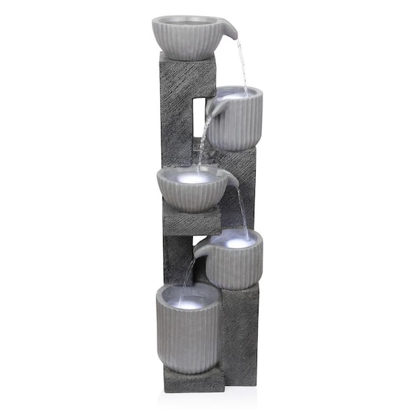 Alpine Corporation 40 in. Tall Outdoor 5-Tiered Pot Decorative Waterfall Floor Fountain with LED Lights, Gray