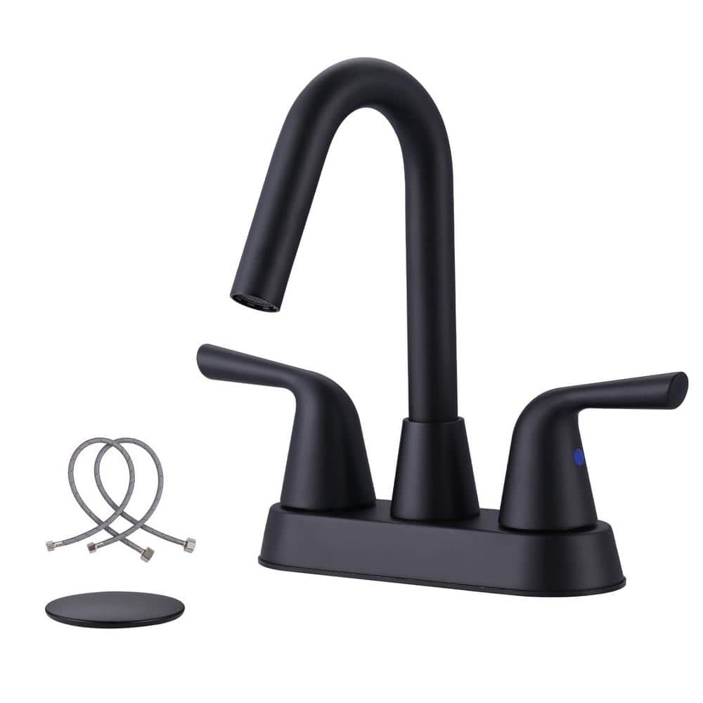 4 in. Centerset Double Handle High Arc Bathroom Faucet with Pop Up Drain Kit and 360° Swivel Spout in Matte Black price history on PriceWatchPro