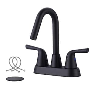 4 in. Centerset Double Handle High Arc Bathroom Faucet with Pop Up Drain Kit and 360° Swivel Spout in Matte Black