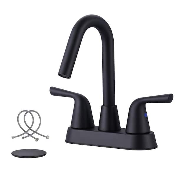 IVIGA 4 in. Centerset Double Handle High Arc Bathroom Faucet with Pop Up Drain Kit and 360° Swivel Spout in Matte Black