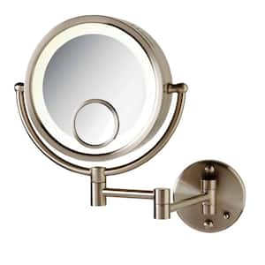 8 in. x 8 in. Round Lighted Wall Mounted 7X and 15X Magnification Makeup Mirror in Nickel