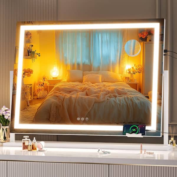 32 in. W x 24 in. H Rectangle White Frame LED Makeup Mirror, 10 x Magnification, USB Charging Port, 360° Rotation