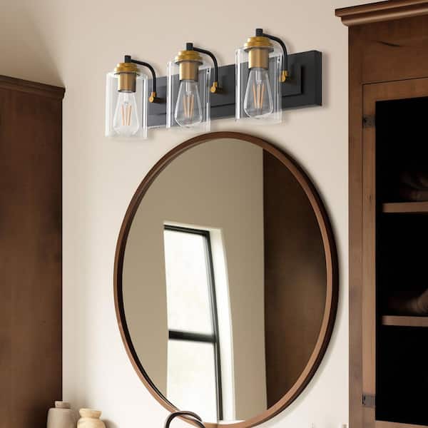 3-Light Matte Black Metal Vanity Light Farmhouse Industrial Wall Sconce with Clear Glass Shade Gold Socket Cups