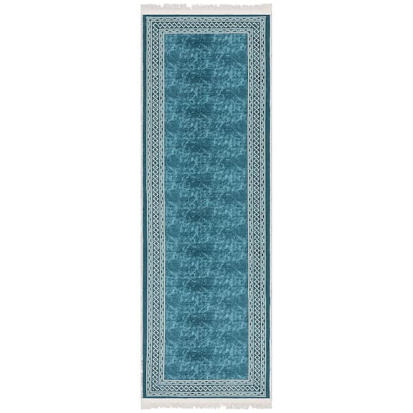 Non-Shedding Washable Wrinkle-Free Cotton Flatweave Border 2x5 Indoor Living Room Runner Rug 20 in. x 59 in.,Blue