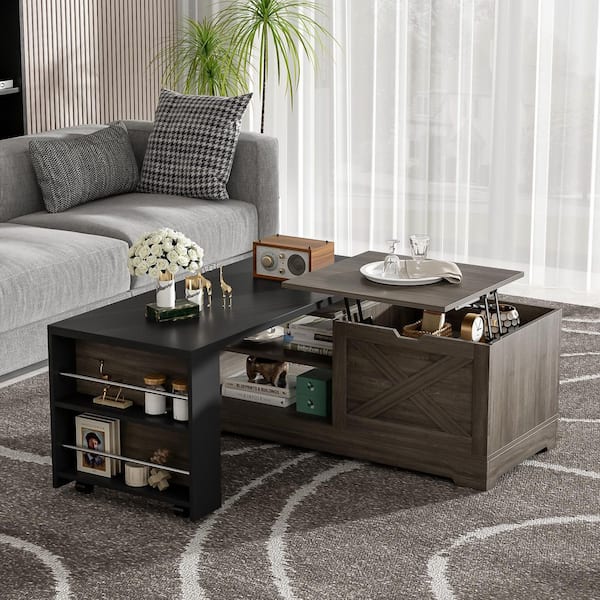 47.2 in. Gray and Black Rectangle Lift Top Wood Coffee Table with Barn Doors, Charging Station, Rotating Top with Wheels