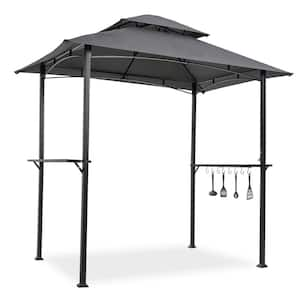 8 ft. x 5 ft. Pop Up Canopy Grill Gazebos Double Tier Soft Top Canopy and Steel Frame with Hook and Bar Counters, Grey