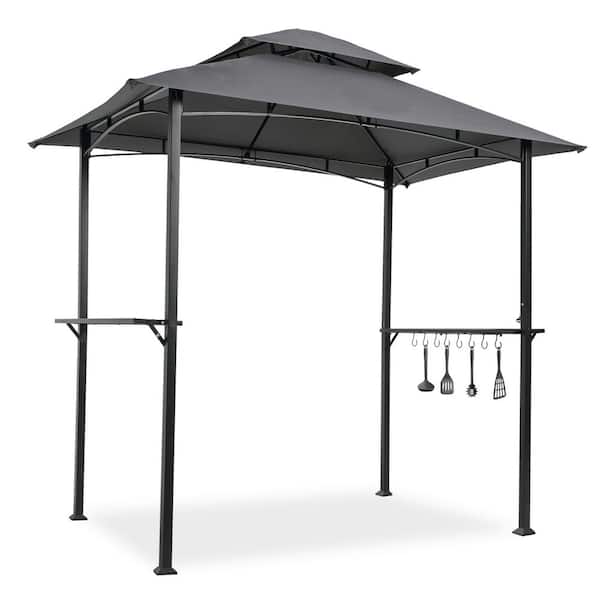 COOLSHARK 8 ft. x 5 ft. Pop Up Canopy Grill Gazebos Double Tier Soft Top Canopy and Steel Frame with Hook and Bar Counters, Grey