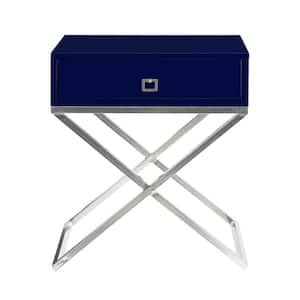 Laila Square Lacquered Navy/Chrome Metal X-Leg Nightstand