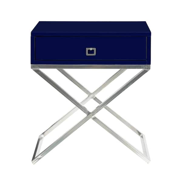 Inspired Home Laila Square Lacquered Navy/Chrome Metal X-Leg Nightstand