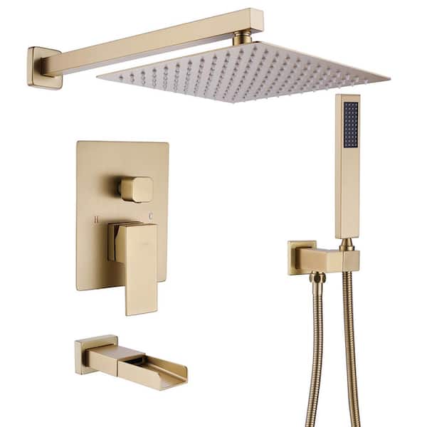 BWE Waterfall Spout Single Handle 3-Spray Square High Pressure Tub and Shower Faucet in Brushed Gold (Valve Included)