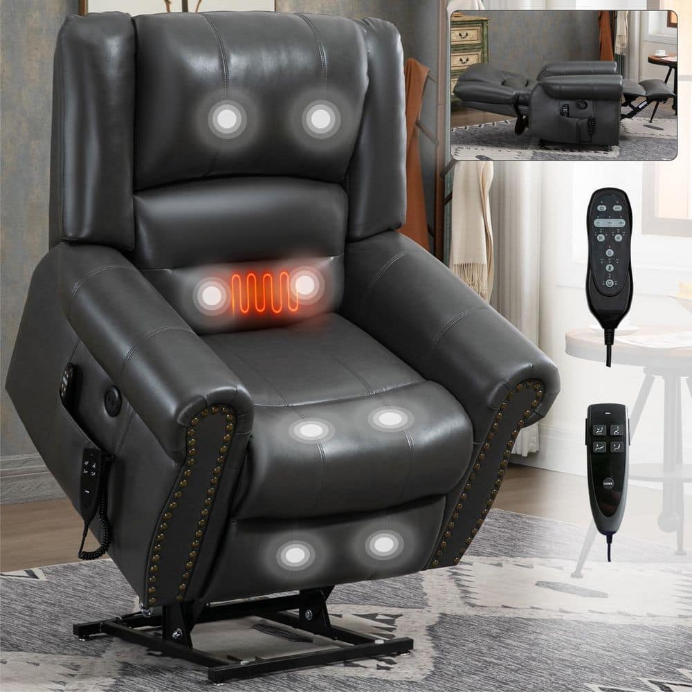Grey Dual Motor Faux Leather Power Lift Recliner Heat Massage, Heavy Duty M
