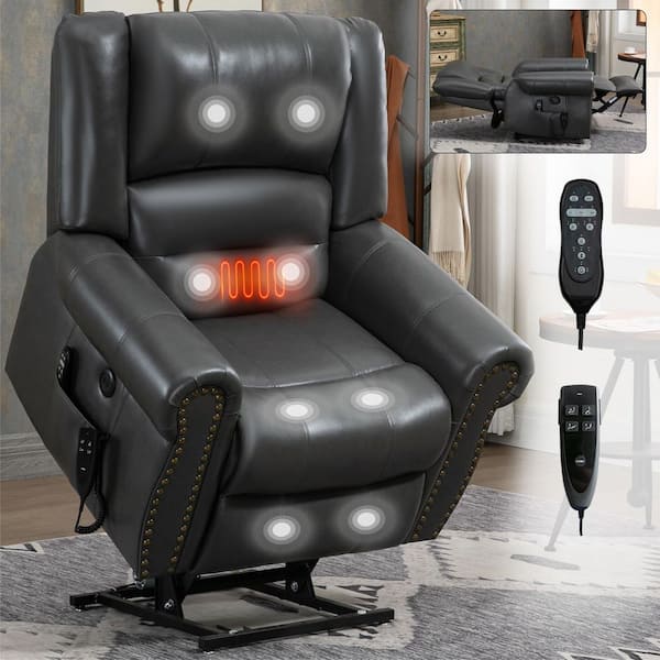 Grey Dual Motor Faux Leather Power Lift Recliner Heat Massage, Heavy Duty Motion Mechanism with USB Ports