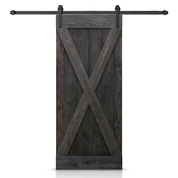 CALHOME 30 in. x 84 in. Distressed X Series Charcoal Black Stained DIY Wood Interior Sliding Barn Door with Hardware Kit