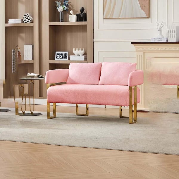 ゴールドフレーム ラウンジチェア ピンク Metal Outdoor Chaise Lounge Chair with Pink Cushions, Teddy Fleece