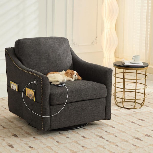 Dark Grey Fabric Swivel Accent Arm Chair with USB Ports and Side Pockets (Set of 1)