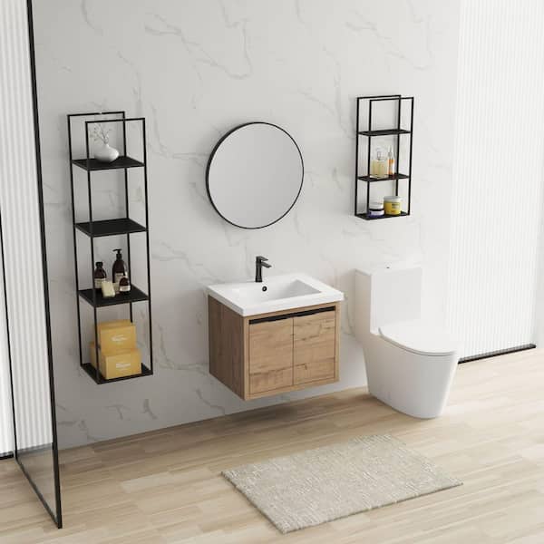 Ximuprmy 24 in. Single Sink Floating Brown Bath Vanity with White